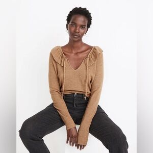 MADEWELL Tie-Neck Ruffle Pullover Brown Tan Merino Wool Blend Sweater Size XL